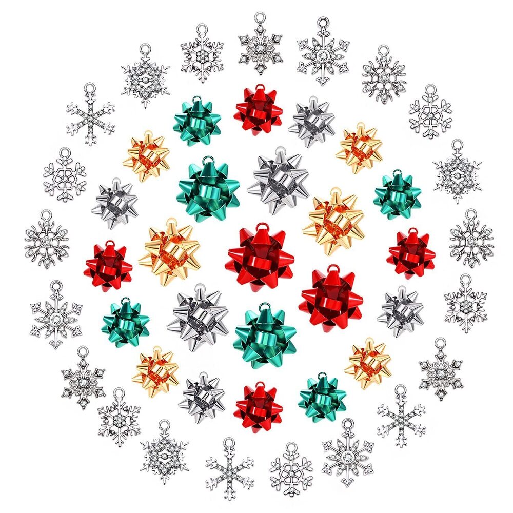 7536 42/45PCS Christmas Charms for Jewelry Making, Metallic Xmas Bow Charms